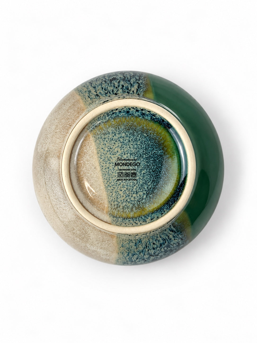 Açores Portuguese stoneware cereal bowl, underside showing Mondego mark and Made in Portugal