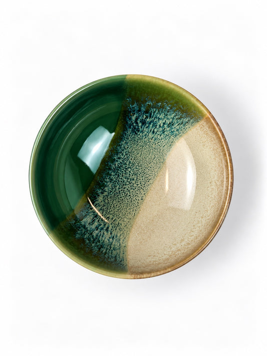 Açores Portuguese stoneware cereal bowl, top view showing reactive glaze