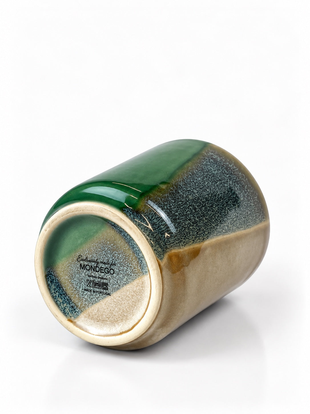 Açores Portuguese stoneware handleless mug, underside showing Mondego mark and Made in Portugal