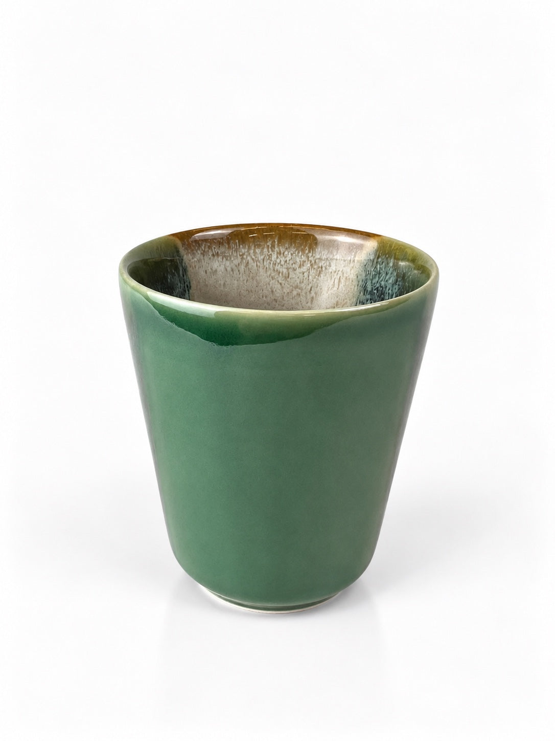 Açores Portuguese stoneware handleless mug, green reactive glaze view