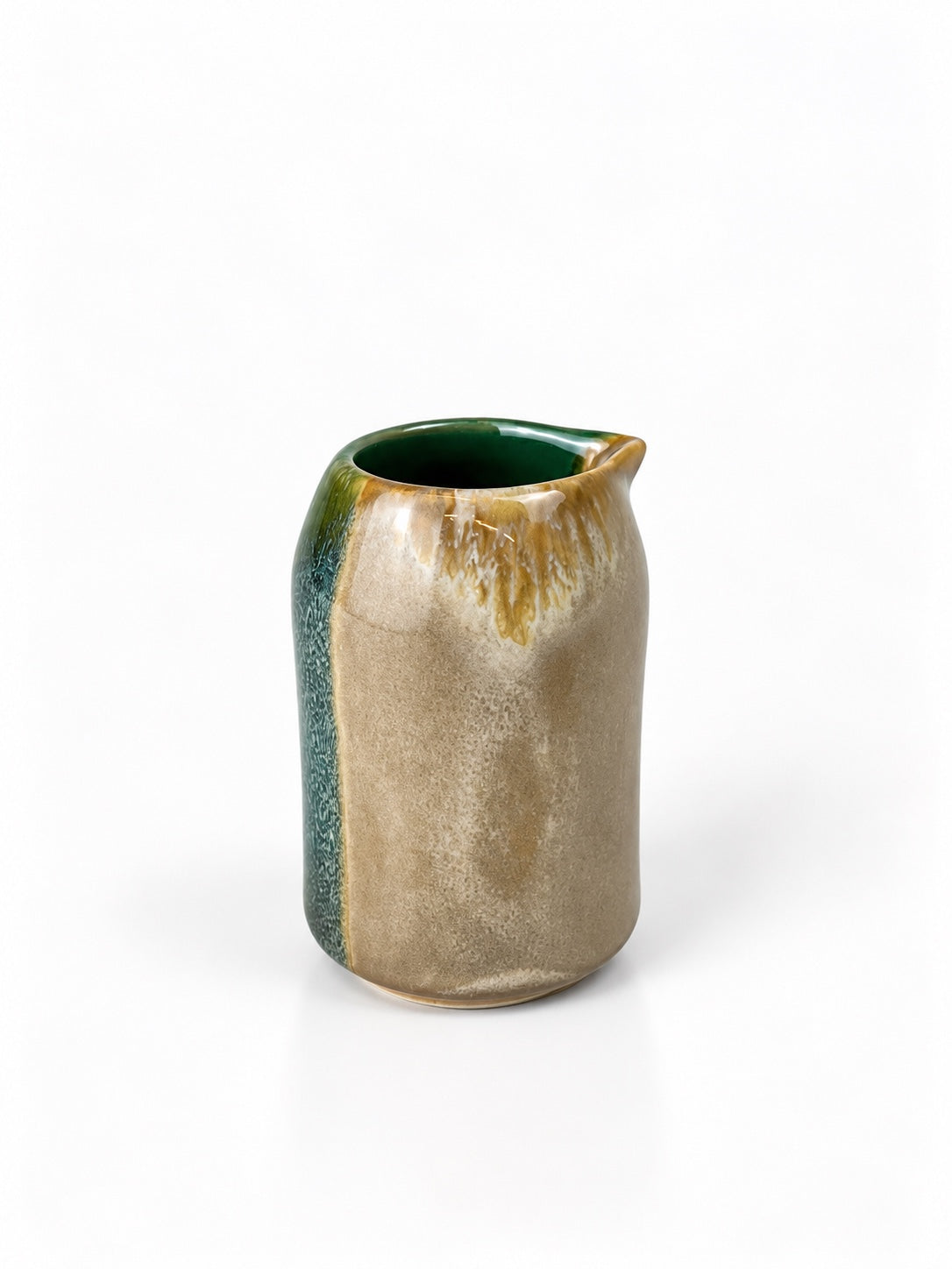 Açores Portuguese stoneware milk and sauce jug, neutral reactive glaze view
