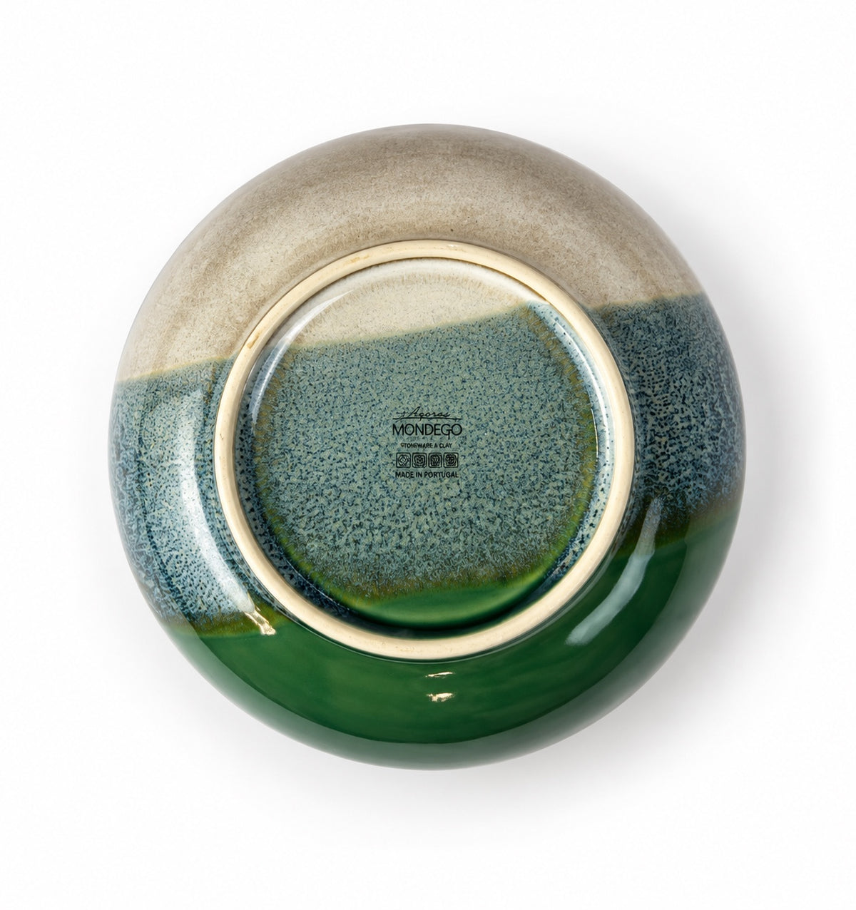 Açores Portuguese stoneware pasta bowl, underside showing Mondego mark and Made in Portugal
