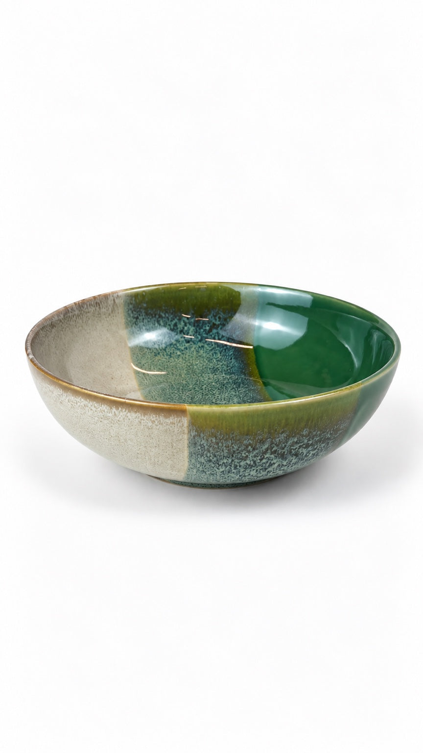 Açores Portuguese stoneware pasta bowl, front reactive glaze view