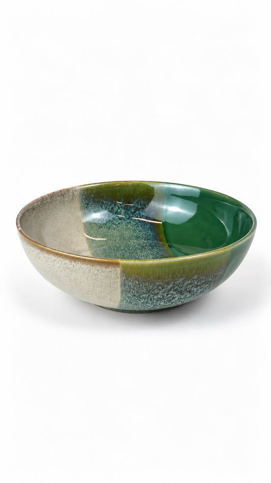 Açores Portuguese stoneware pasta bowl, front reactive glaze view