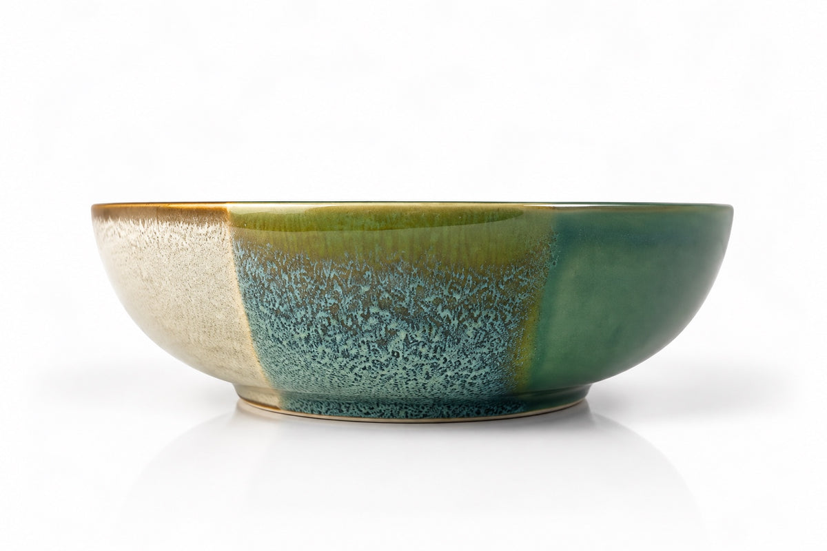 Açores Portuguese stoneware pasta bowl, side reactive glaze view