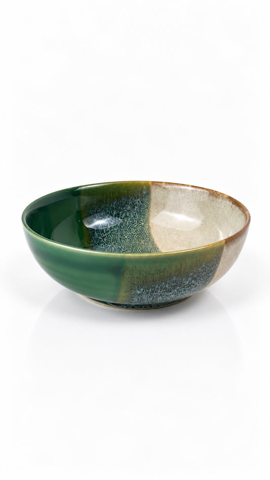 Açores Portuguese stoneware soup bowl, reactive glaze front view