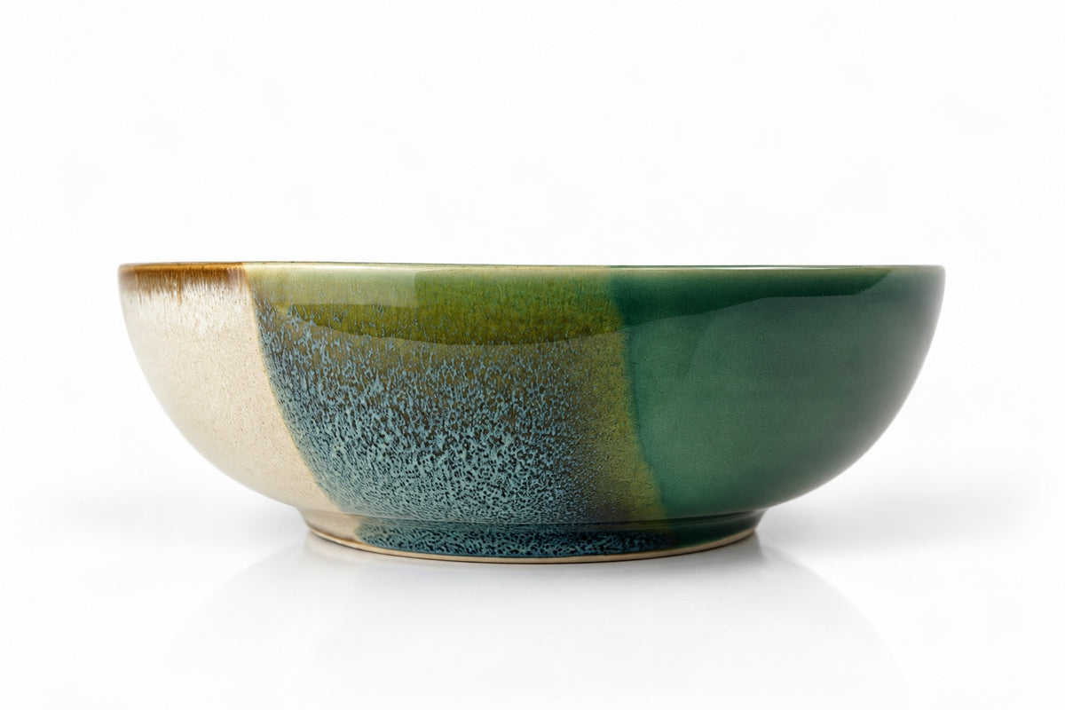 Açores Portuguese stoneware soup bowl, side profile showing reactive glaze