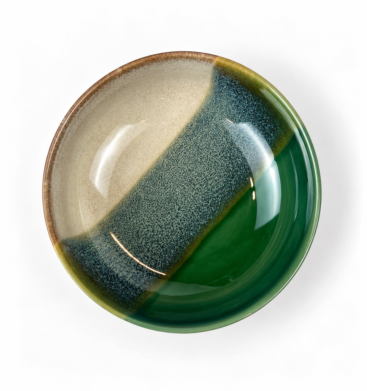 Açores Portuguese stoneware soup bowl, top view showing reactive glaze