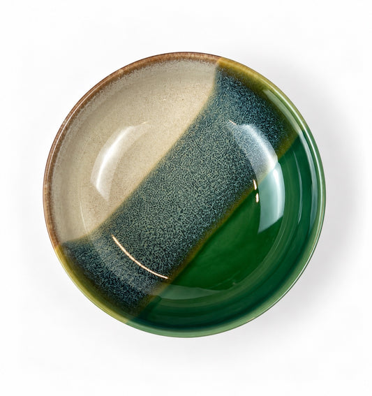 Açores Portuguese stoneware soup bowl, top view showing reactive glaze